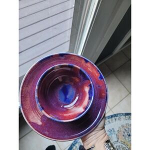 Studio Pottery Reactive Glaze Bowl and Saucer Set Purple Blue Magenta Stoneware